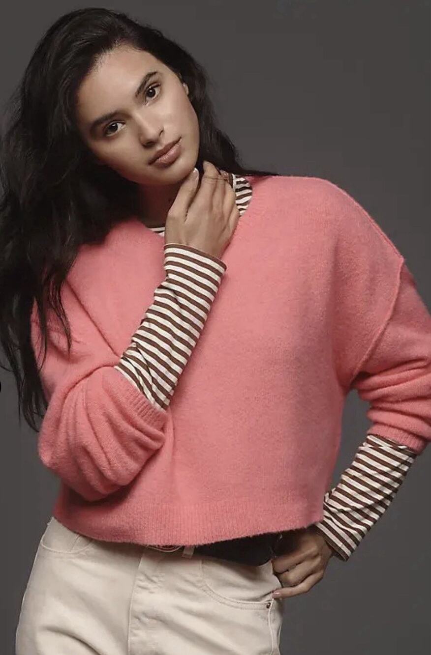 Pilcro Anthropologie Cropped Women's Pink Wool Long Sleeve Oversized Sweater L